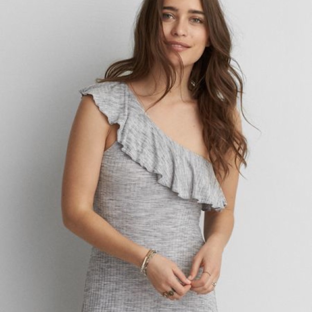 BNWOT AEO Grey One Shoulder Ruffle Knit Dress - Picture 2 of 7